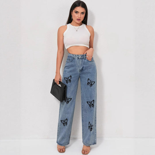 Damen Weite Jeans mit auffälligen Schmetterlings-Prints EB