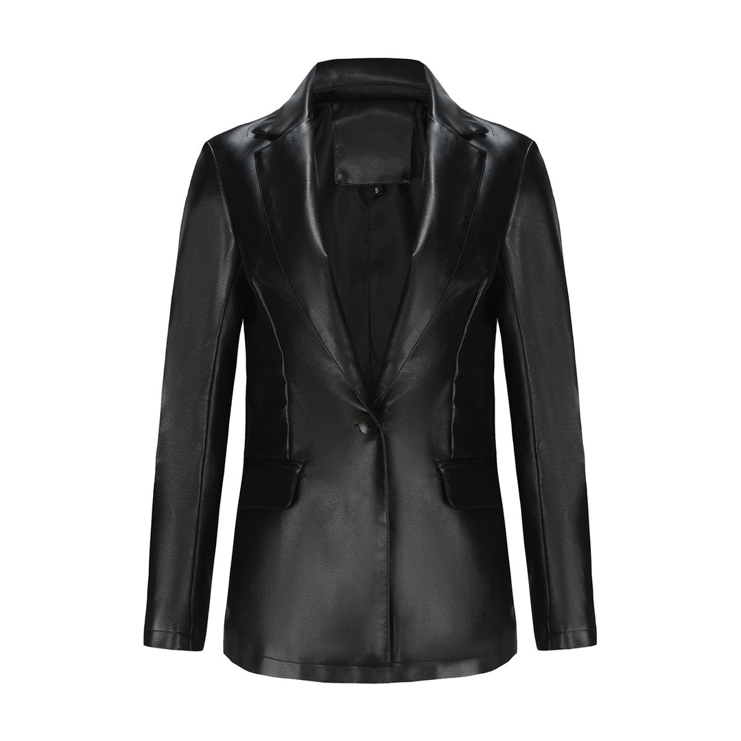 Damen nan taillierter Blazer aus Kunstleder mit Reverskragen und Pattentaschen EB