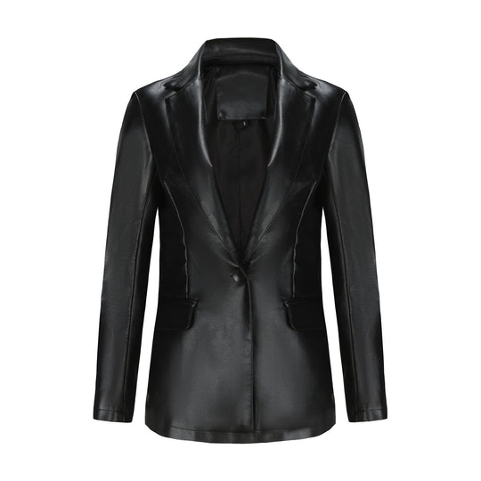 Damen nan taillierter Blazer aus Kunstleder mit Reverskragen und Pattentaschen EB