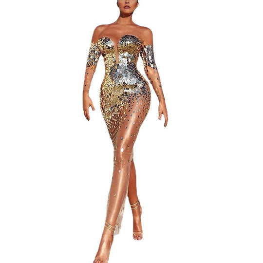 Damen Glitzerndes Abendkleid mit transparenten Ärmeln EB