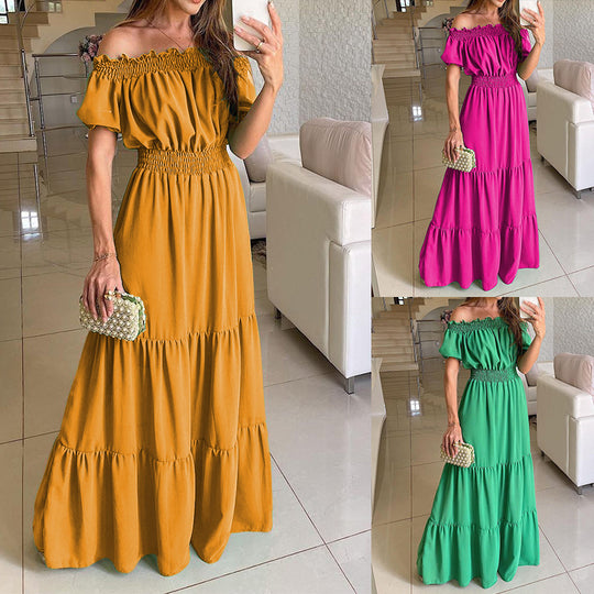 Damen Off-Shoulder Maxikleid mit elastischem Bund und Rüschendetails EB