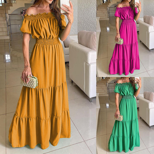 Damen Off-Shoulder Maxikleid mit elastischem Bund und Rüschendetails EB