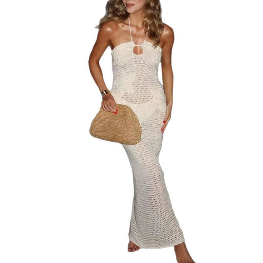 Damen Häkel-Maxikleid mit tiefem Keyhole-Ausschnitt und elegantem Design EB