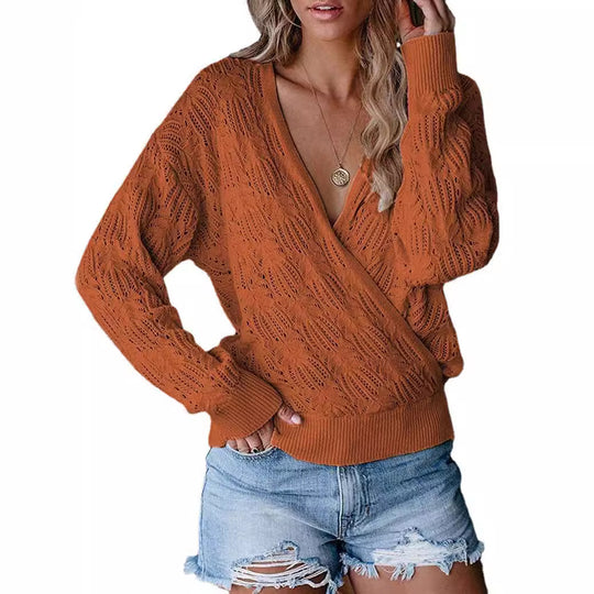 Damen Übergröße Strickpullover mit V-Ausschnitt und Rippstrickbündchen EB