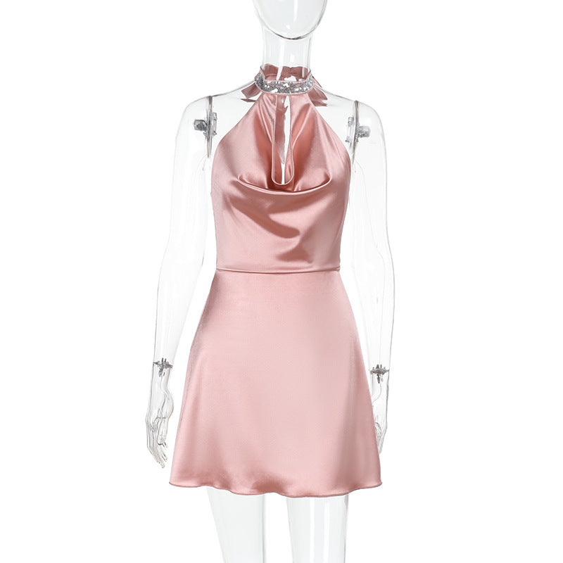 Damen elegantes Halterkleid mit luxuriösem Satin und verspieltem Detail EB