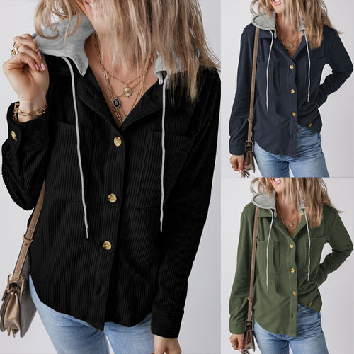 Damen Strukturierte Hemdjacke mit Kapuze und praktischen Taschen EB