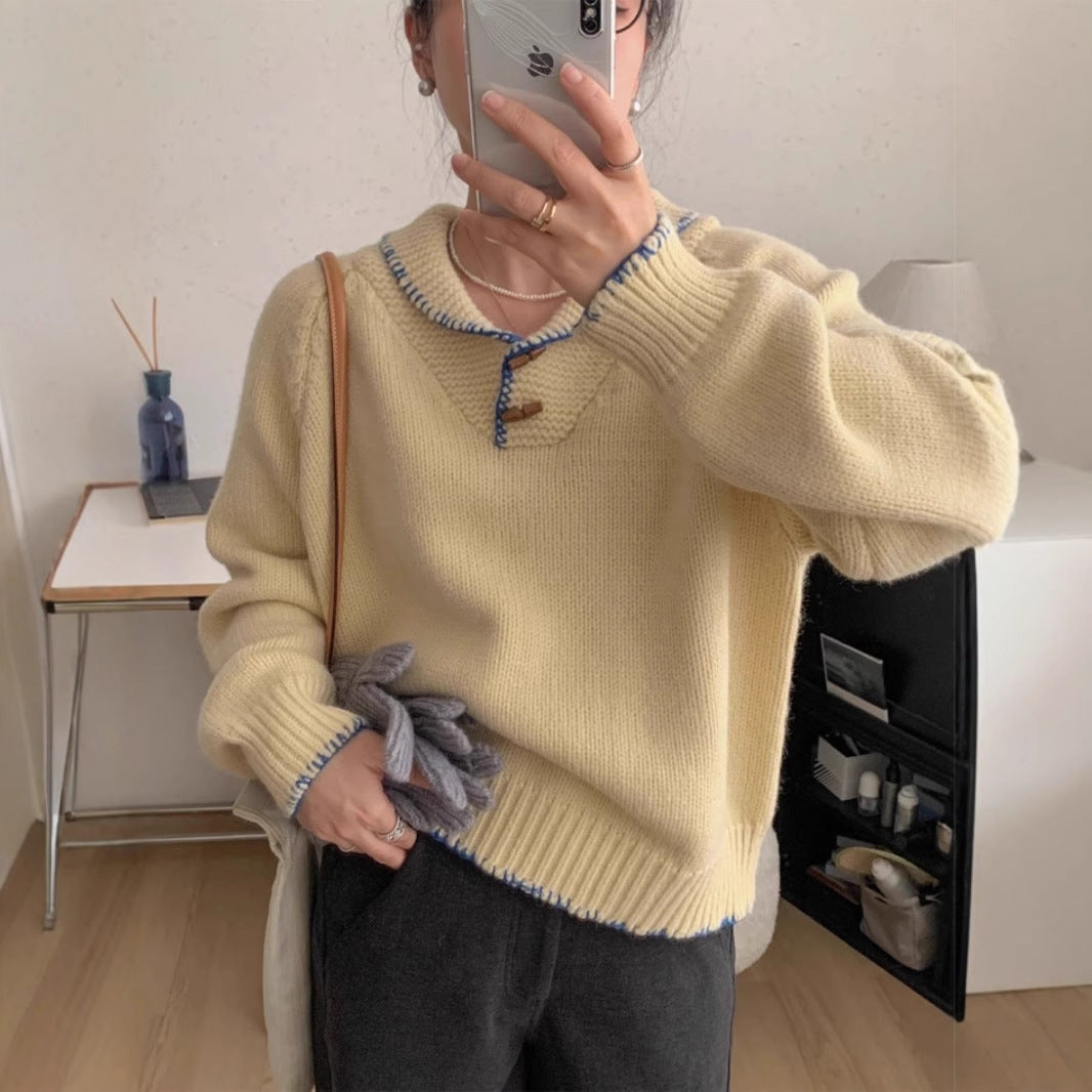 Damen lässiger Strickpullover mit einzigartigem Knopfdesign und Kontrastdetails EB