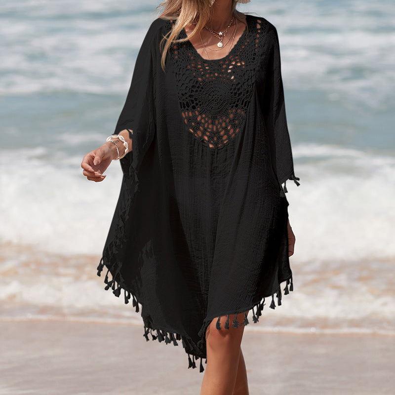Damen Häkel-Strandüberwurf mit fransigem Saum und elegantem Lochmuster EB