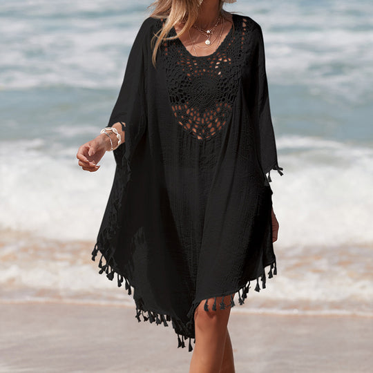 Damen Häkel-Strandüberwurf mit fransigem Saum und elegantem Lochmuster EB