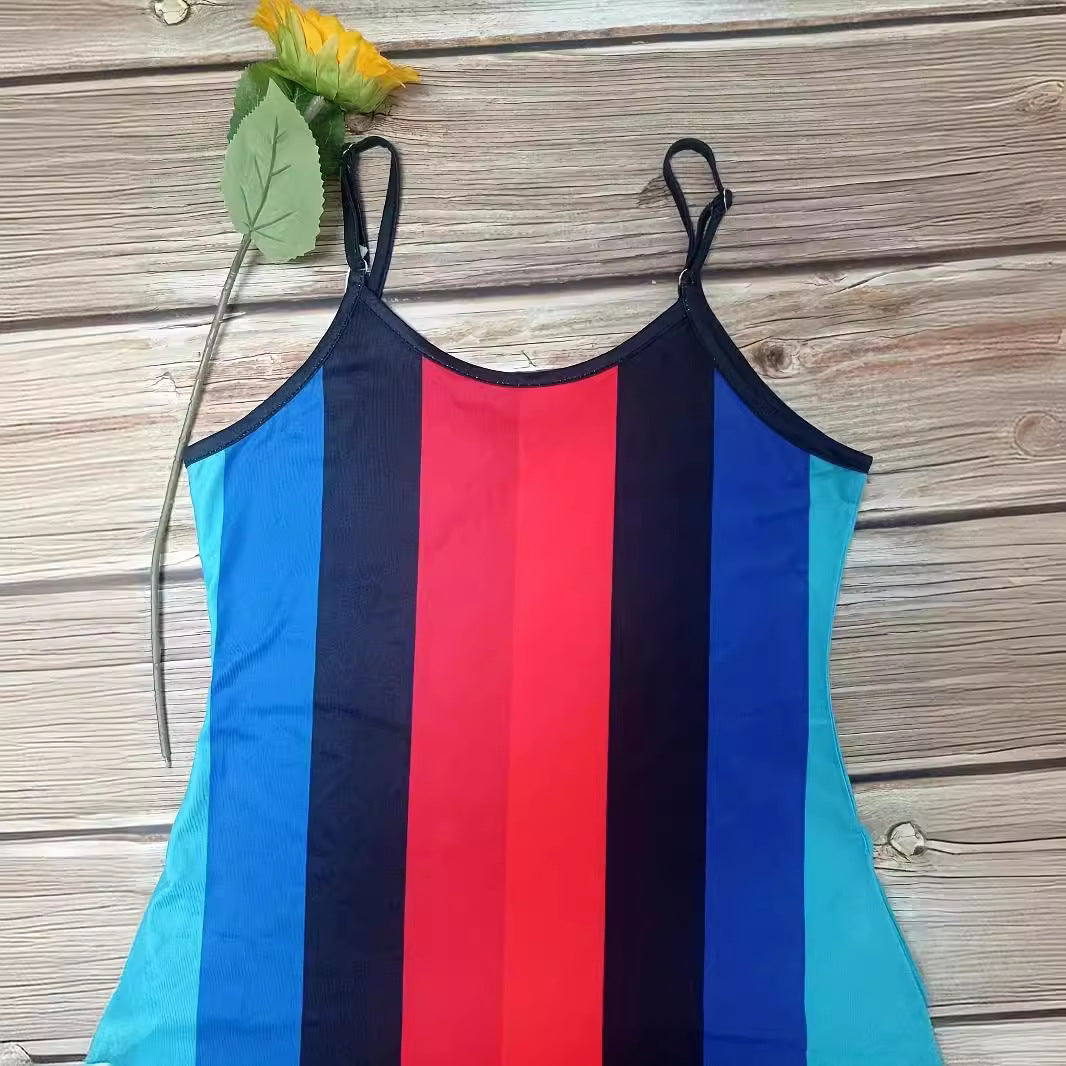 Damen Maxikleid mit tiefem V-Ausschnitt und modischem Streifenmuster EB