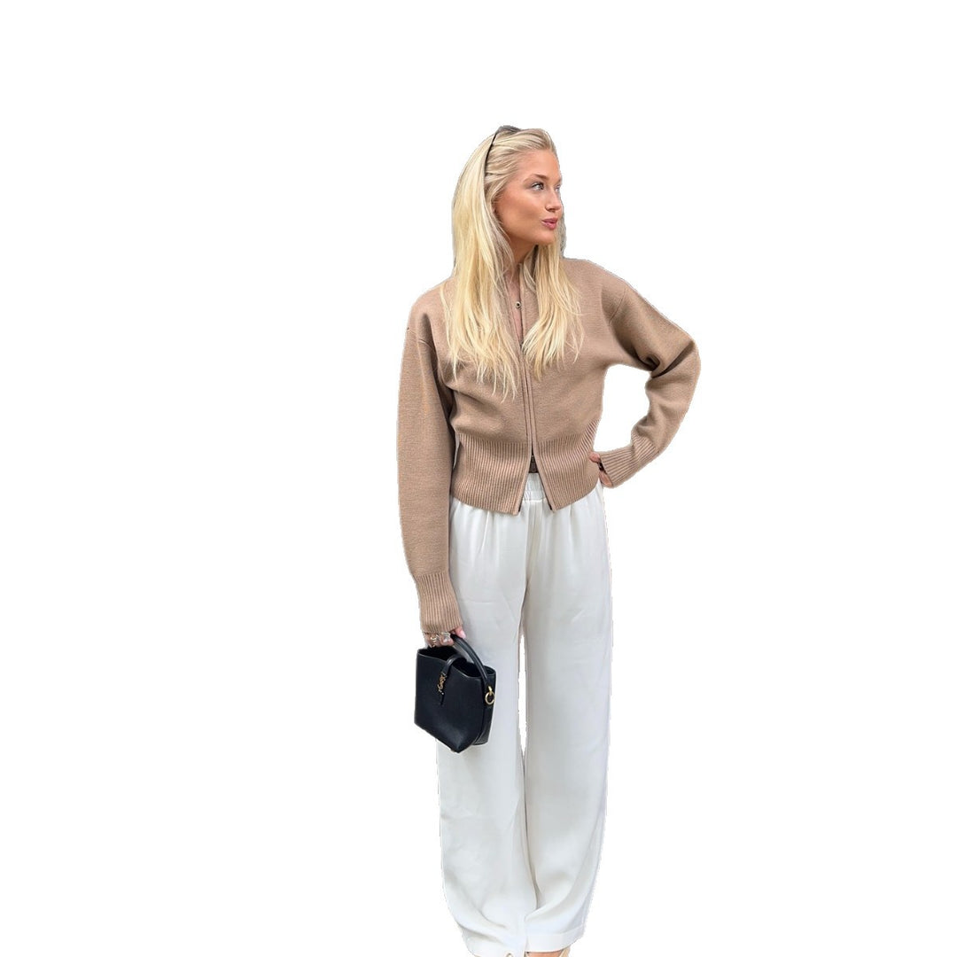Damen Elegante Strickjacke mit durchgehendem Reißverschluss EB
