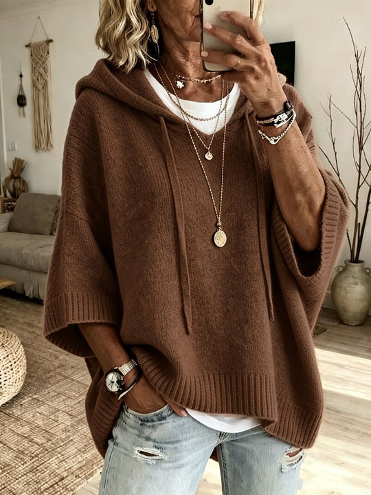 Damen nan Oversize Strickponcho mit Kapuze und kurzen Ärmeln EB