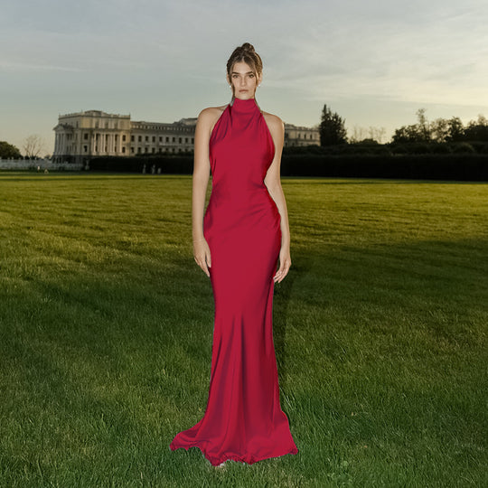 Damen elegantes Maxikleid mit hohem Kragen und figurbetontem Schnitt EB