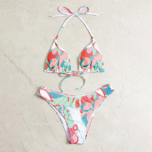 Damen Triangel-Bikini-Set mit verstellbaren Trägern und kreativem Print EB