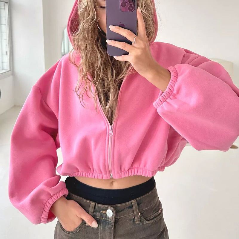 Damen nan oversized Kapuzenjacke kurz geschnitten mit elastischem Saum und Ballonärmeln EB