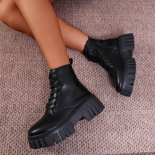 Damen robuste Chunky Stiefel mit hohem Plateausohle und schnürbarem Design EB