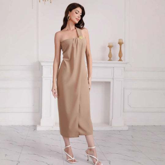 Damen elegantes schulterfreies Maxikleid mit Dekorativem Detail EB