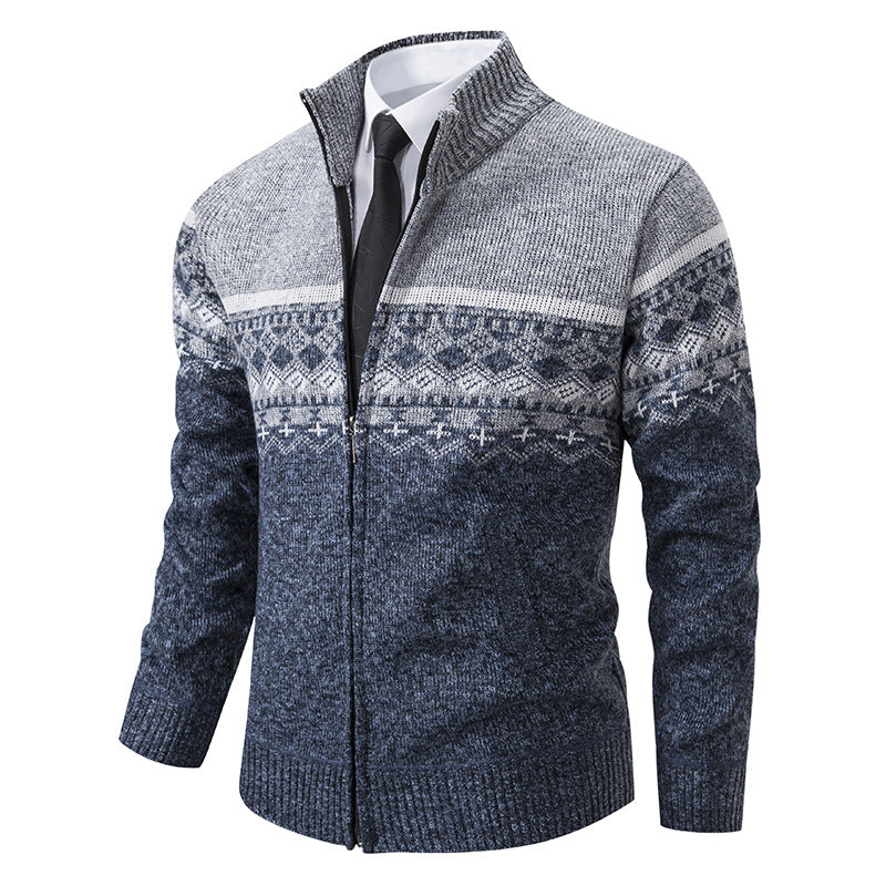 Herren Strickjacke mit Stehkragen und Norweger-Muster EB