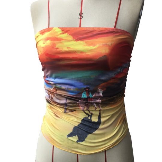 Damen Bandeau-Oberteil mit buntem, künstlerischem Druck und elastischem Material EB