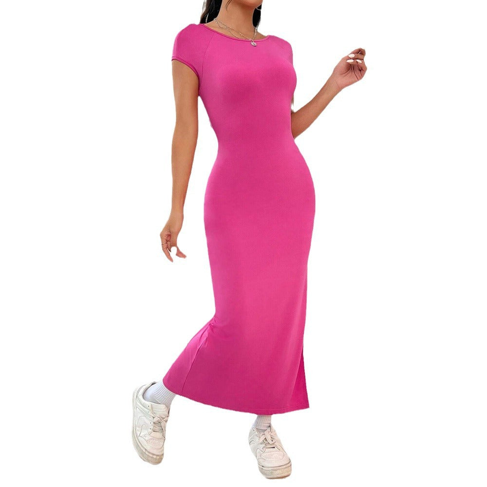Damen figurbetontes Maxikleid mit seitlichem Schlitz und modernen Kurzärmeln EB