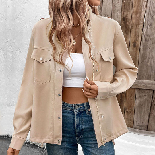 Damen elegante Utility-Jacke mit Druckknopf-Details und Brusttaschen EB