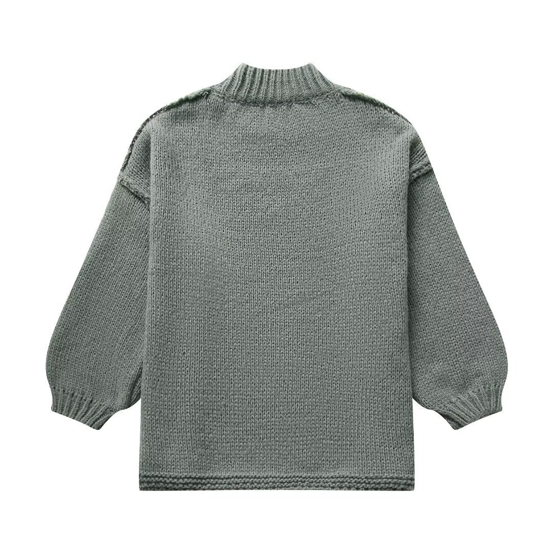 Damen lockerer Strickpullover mit hohem Kragen und überschnittenen Schultern EB