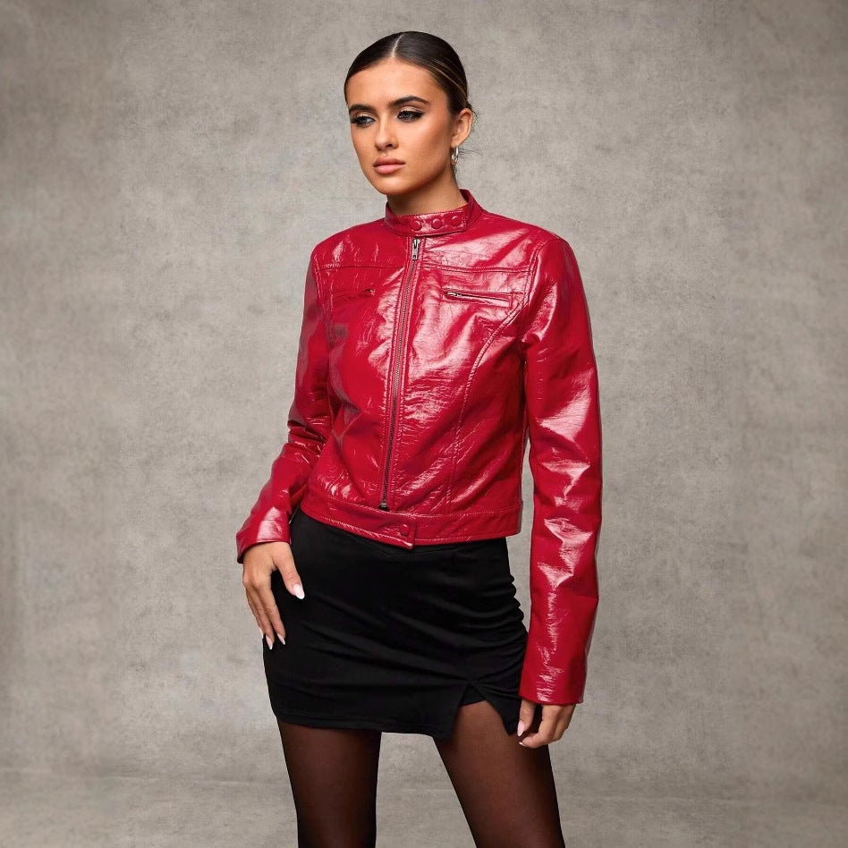 Damen Kurze Kunstlederjacke mit asymmetrischem Schnitt EB