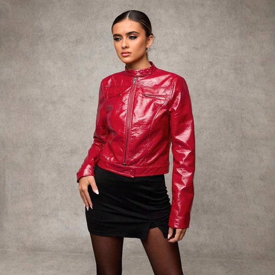 Damen Kurze Kunstlederjacke mit asymmetrischem Schnitt EB