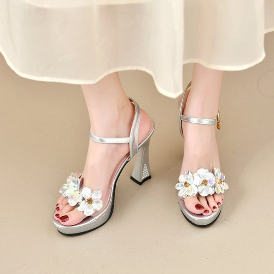 Damen elegante High Heel Sandalen mit blumigen Strassverzierungen EB