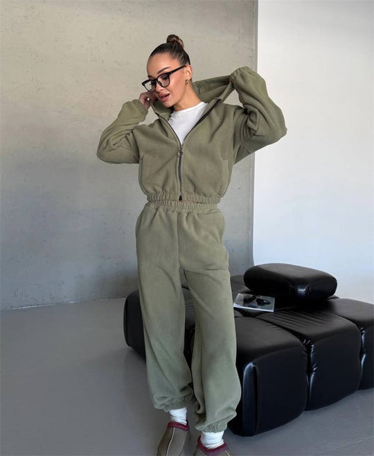 Damen kuscheliges Fleece-Hoodie und Jogginghose Lounge-Set mit Reißverschluss Kapuze elastischem Bund Eichborn Berlin
