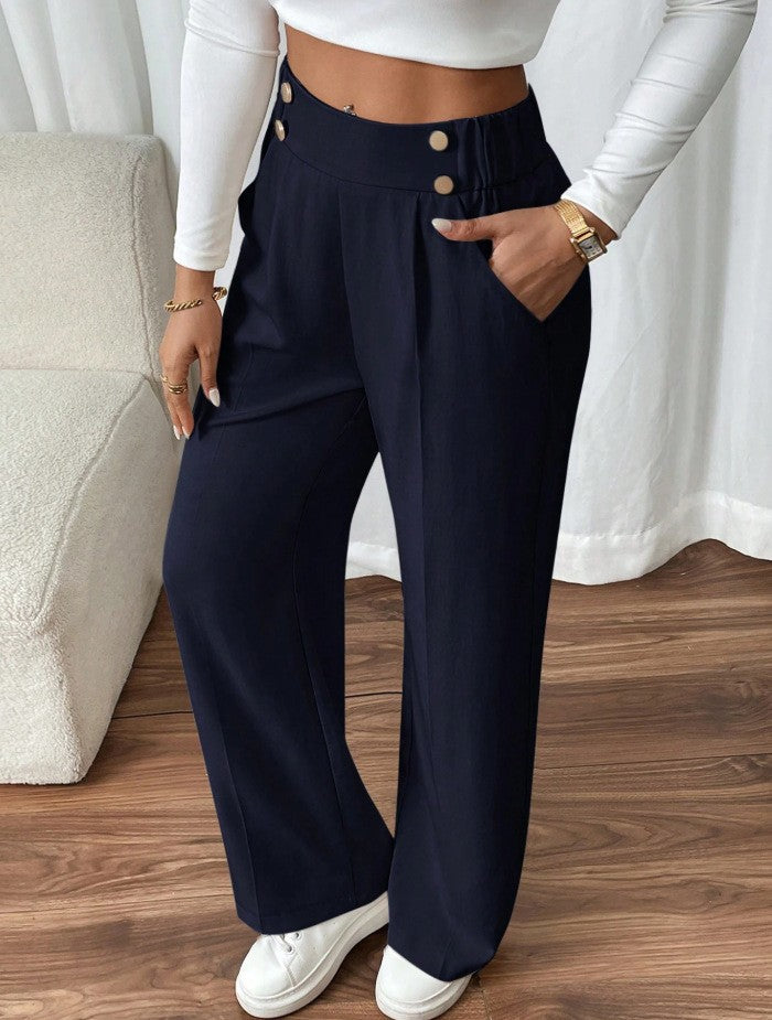 Damen Klassische weite Hose mit Knopfleiste und Taschen EB