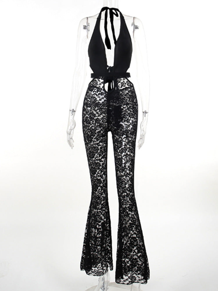 Damen eleganter Spitzen-Jumpsuit mit tiefem V-Ausschnitt und Glockenhosen EB