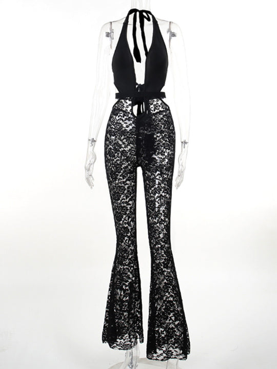 Damen eleganter Spitzen-Jumpsuit mit tiefem V-Ausschnitt und Glockenhosen EB