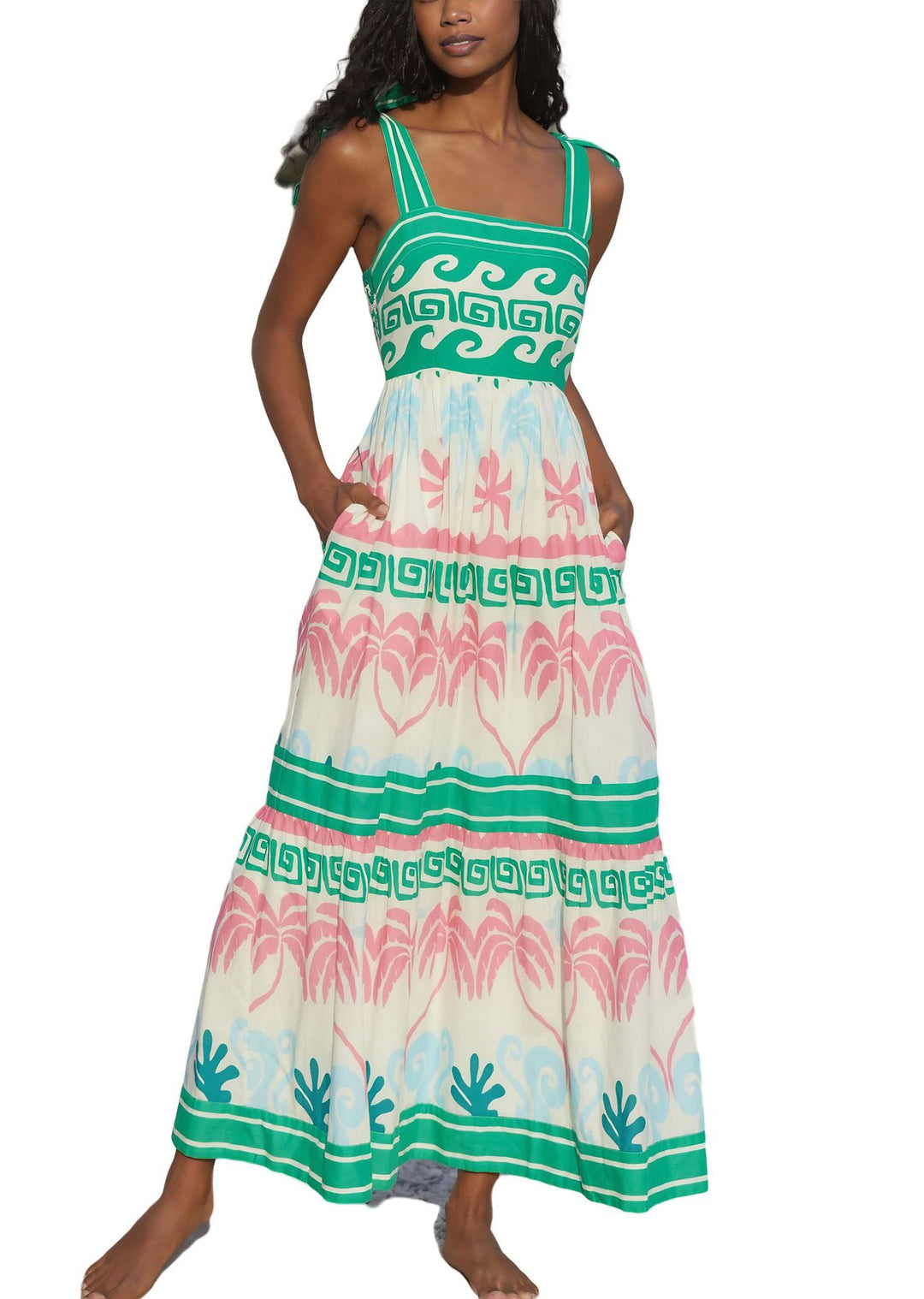 Damen Sommerliches Maxikleid mit einzigartigem grafischem Muster und praktischen Taschen EB