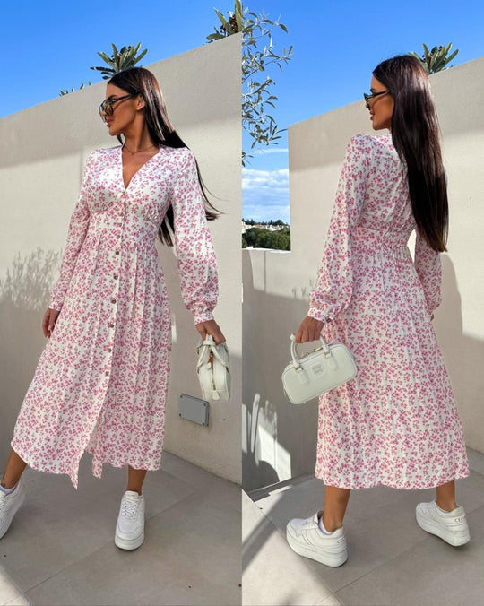 Damen Maxi-Kleid mit floralen Musterdetails und elegantem V-Ausschnitt EB