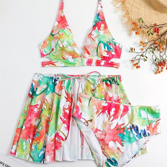 Damen Bikini-Set mit fließendem Rock und verspieltem Print EB
