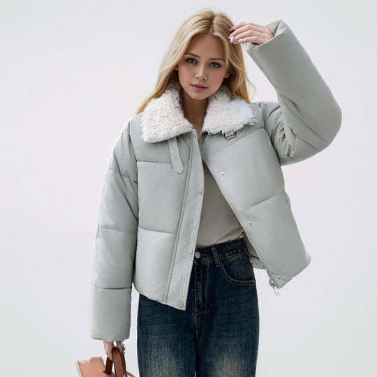 Damen kurze, gefütterte Winterjacke mit elegantem Kunstfellkragen EB