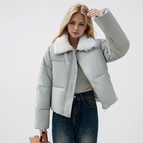 Damen kurze, gefütterte Winterjacke mit elegantem Kunstfellkragen EB