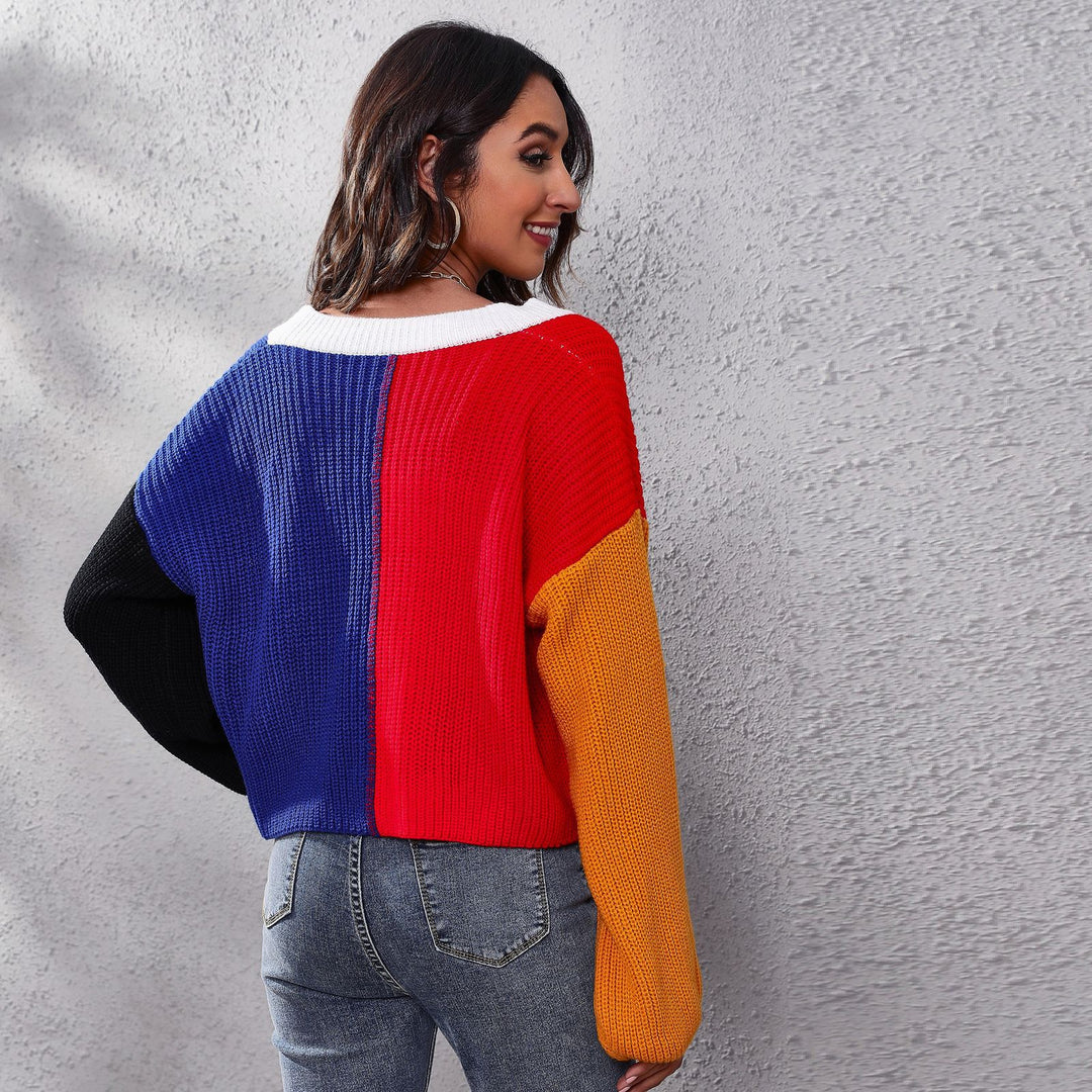 Damen Moderner Strickcardigan mit bunten Blockstreifen und V-Ausschnitt EB