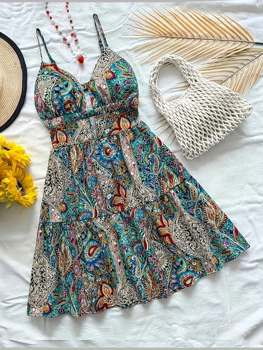 Damen Neckholder Sommerkleid mit floralem Muster und Rüschendetails EB