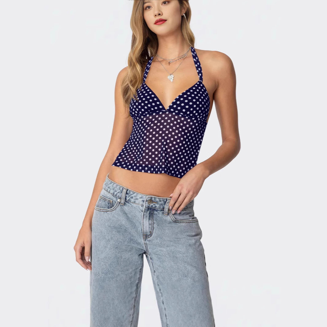 Damen luftiges Polka-Dots Oberteil mit tiefem V-Ausschnitt und Trägern EB