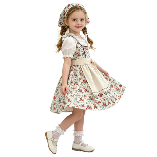 Damen nan Kinderdirndl Trachtenkleid mit Spitzenbluse Schürze und Kopftuch EB
