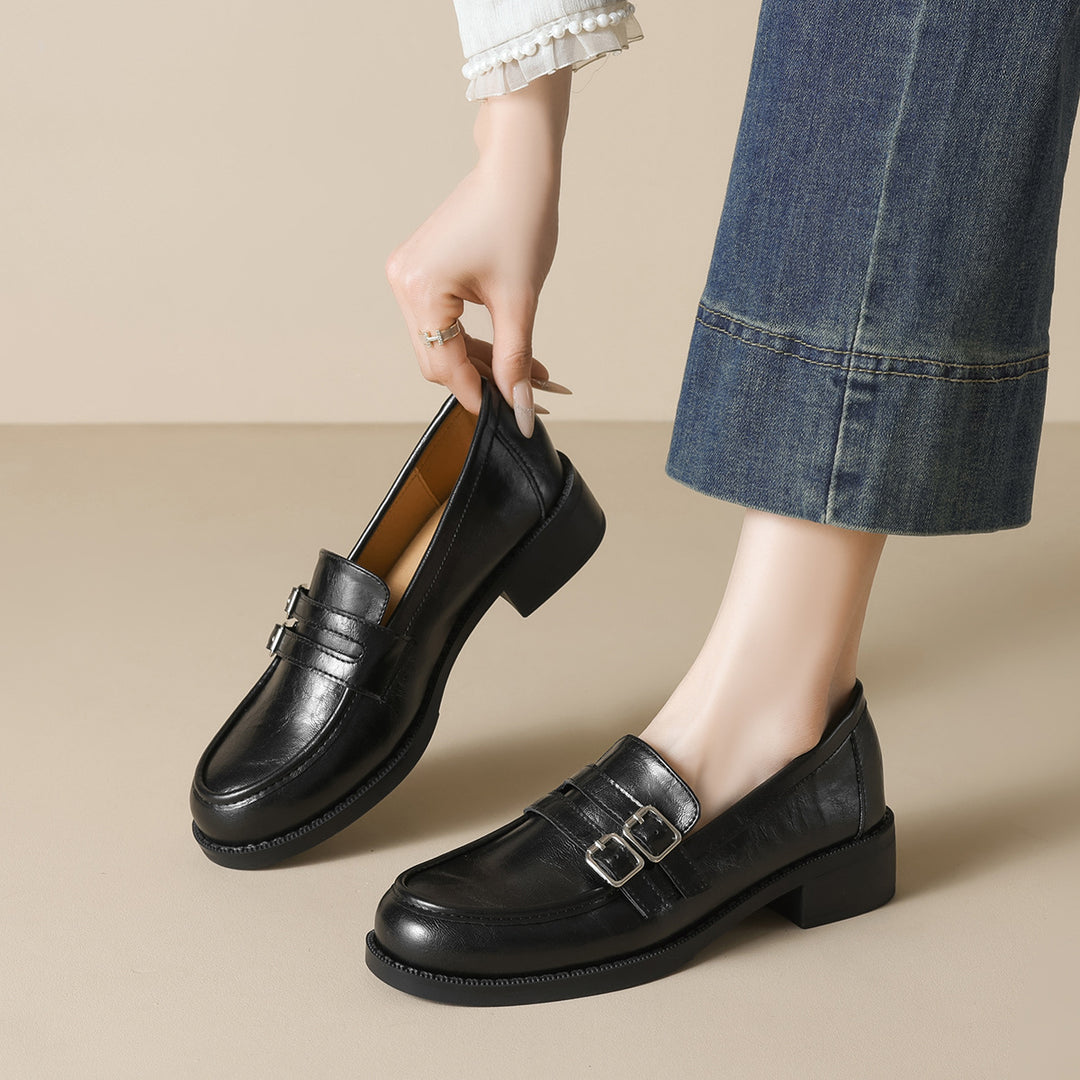 Damen Mokassins mit eleganter Schnallenverzierung und komfortablem Blockabsatz EB