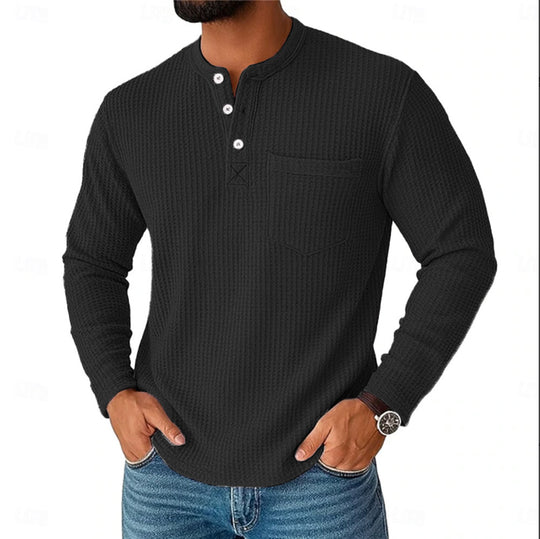 Herren nan Langarm Henley mit Waffelstruktur und Brusttasche thermisches Langarmshirt EB