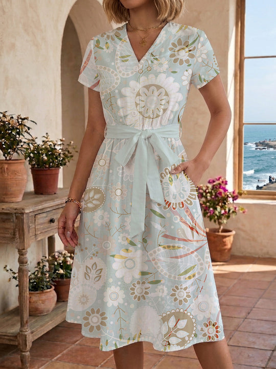 Damen Midikleid mit floralem Motiv und Taillengürtel EB