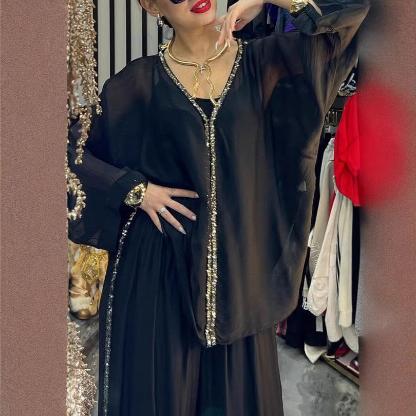 Damen elegante und luftige Bluse mit weitem Schnitt und passender Hose EB