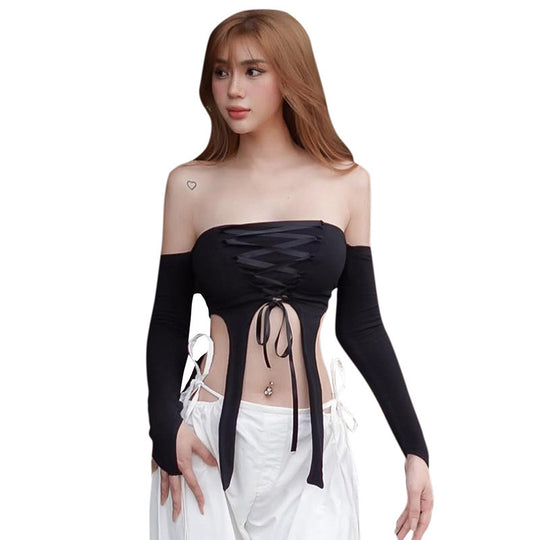 Damen elastisches Off-Shoulder Top mit aufwendiger Schnürung EB