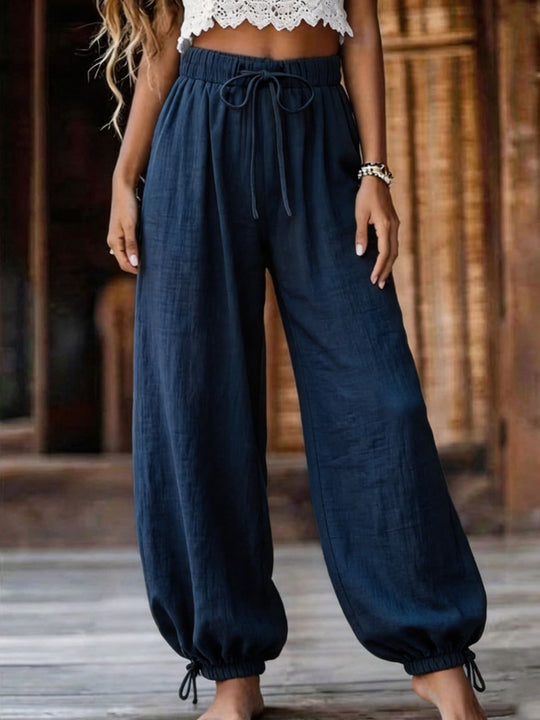 Damen Leichte Leinenhose mit weitem Bein und elastischem Bund EB