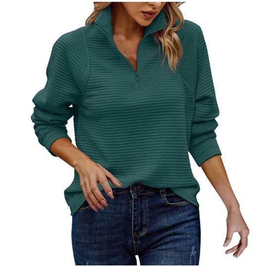 Damen Modischer Waffle-Pullover mit Stehkragen und Reißverschluss EB