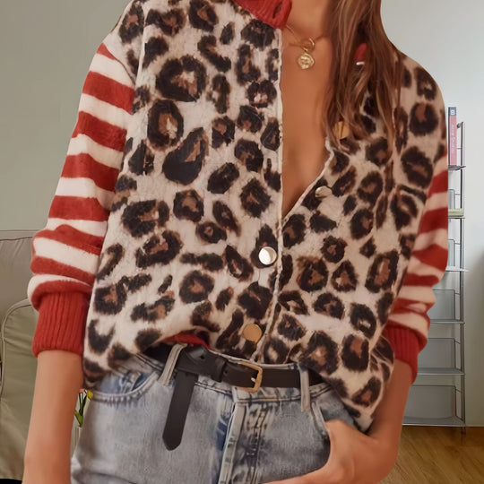 Damen Modische Jacke mit Tiermuster und gestreiften Ärmeln EB